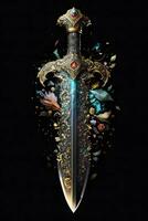 Medieval sword and scabbard. Fantasy golden sword with long blade. Neural network generated art photo