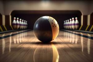 Bowling ball lies on lane start position for bowling game in club. Neural network generated art photo