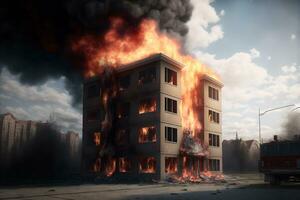Multistorey residental or office building on fire accident. Neural network generated art photo