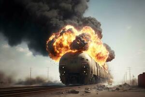 Burning train car on fire accident on train yard. Neural network generated art photo