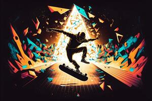 Abstract extreme sports lover performs leap into infinity with fictional skateboard or snowboard. Neural network generated art photo