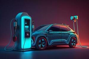 Electric car at charging station with blue and red glowing on dark background. Neural network generated art photo