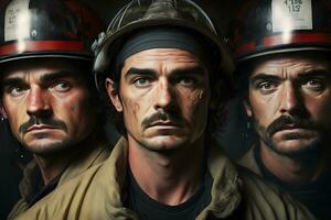 Portrait of firefighters dirty faces in special helmets and firefighters uniforms. Neural network generated art photo