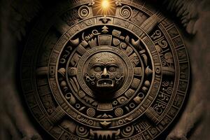 cerca ver de el antiguo azteca maya calendario con redondo modelo y alivio en Roca superficie. neural red generado Arte foto