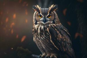 European eagle owl perched on a post and staring forward against a dark background the eyes are penetrating the viewer. Neural network generated art photo