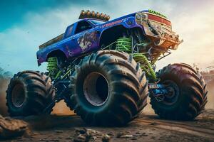 Bigfoot monster truck on wasteland junkyard. Neural network generated art photo