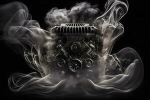 Modern car engine on deep solid black background. Neural network generated art photo