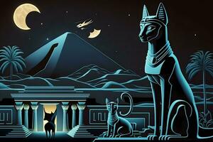 Egyptian fantasy abstract background, Egyptian goddess Bastet, black cat. Neural network generated art photo