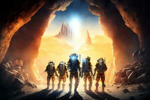Futuristic scene with astronauts in space exploring a planet. Neural network generated art photo