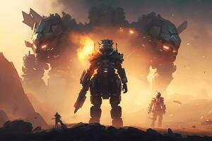 Futuristic scene with astronauts in space exploring a planet. Neural network generated art photo