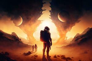 Futuristic scene with astronauts in space exploring a planet. Neural network generated art photo