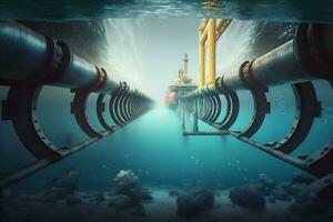 metálico amarillo tubo para transportar gas o petróleo submarino a el abajo. el concepto de petróleo tubería. neural red generado Arte foto