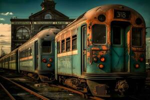 Nueva York antiguo anticuado subterraneo carros en un metro deposito en tiempo de día. neural red generado Arte foto