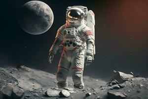 astronauta explora espacio siendo Desierto Marte. astronauta espacio traje ejecutando extra cósmico actividad espacio. neural red generado Arte foto