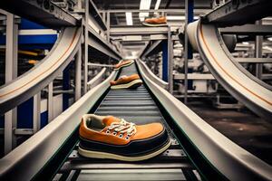 máquinas y equipo de el zapato fábrica, moderno calzado producción. neural red generado Arte foto
