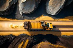 abierto pozo mío, extractivo industria para carbón. grande amarillo minería camión maquinaria para carbón cantera. neural red generado Arte foto