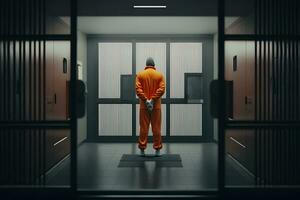 Handcuffed Prisoner in orange suit waiting for Death Penalty. Neural network generated art photo