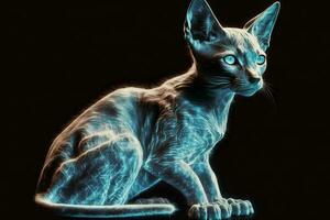 Beautiful Sphynx cat portrait in blue colors. Neural network generated art photo