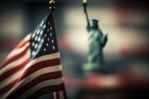 estatua de libertad en el antecedentes de el americano bandera. democracia y libertad concepto. neural red ai generado Arte foto