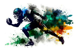 american football player man with multicolored paint splash, isolated on white background. Neural network generated art photo