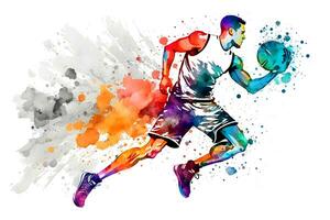 Basketball watercolor splash player in action with a ball isolated on white background. Neural network generated art photo