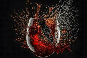 Glass with splash of red wine on black background. Neural network generated art photo