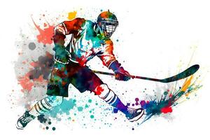 deportista jugando hockey en acuarela arco iris chapoteo. neural red generado Arte foto