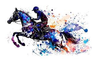 Race horse with jockey on watercolor splatter background. Neural network generated art photo