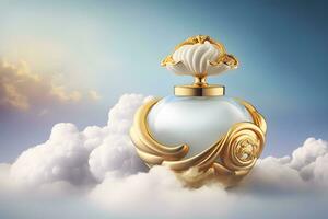 beautiful perfume bottle against the background of the sky and clouds. Neural network AI generated art photo