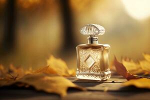 glass perfume bottle against the backdrop of an autumn landscape. Neural network generated art photo