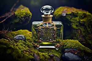 Perfume bottle in a green forest on a mossy substrate. Neural network generated art photo