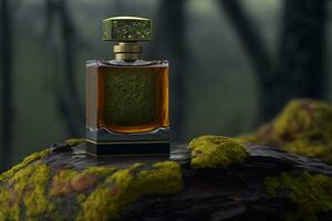 Perfume bottle in a green forest on a mossy substrate. Neural network generated art photo