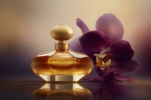 Beautiful women's perfume bottle with orchids. Neural network generated art photo