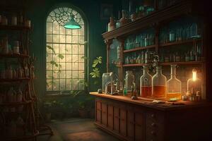 Vintage Old medical, chemistry and pharmacy history concept background. Retro style. Neural network AI generated photo