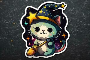 Cute cartoon sticker with a cat wizard. Neural network AI generated photo