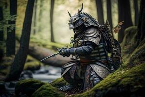 fantasía continuar samurai en el bosque. neural red ai generado Arte foto