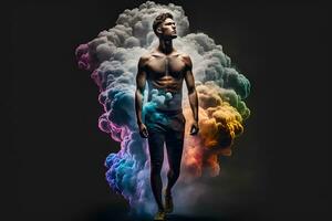 Male athlete in colorful smoke on black background. Neural network AI generated photo