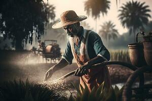 Farmer watering his plants. Neural network AI generated photo