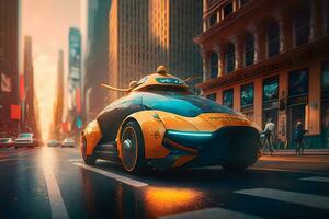 futurista eléctrico auto, Taxi de el futuro. neural red ai generado foto
