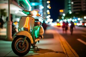 Scooter moped at ocean drive miami beach at night with neon lights from hotels. Neural network AI generated photo