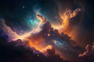 Space background with galaxy and nebula in blue and orange clouds. Neural network AI generated photo