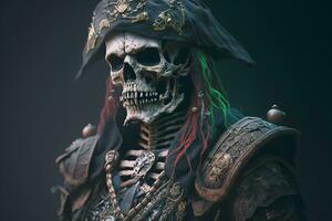 Warrior with skull head and pirate classic hat on dark background. Neural network AI generated photo