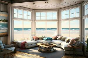 Beach living on Sea view interior with big windows. Neural network AI generated photo