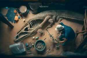 arqueólogo trabajos en un arqueológico sitio con dinosaurio esqueleto en pared Roca fósil tiranosaurio excavaciones neural red ai generado foto