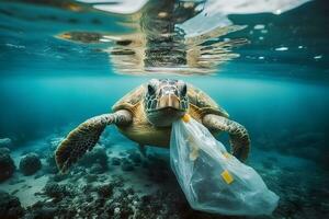 Underwater concept of global problem with plastic rubbish floating in the oceans. Hawksbill turtle in caption of plastic bag. Neural network AI generated photo