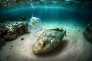 pescado y el plastico contaminación. ambiental problema - plástica contaminar fruto de mar. neural red ai generado foto