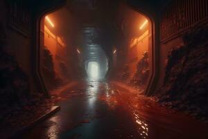 Postapocalyptic tunnel after rain with orange radioactive dust. Neural network AI generated photo