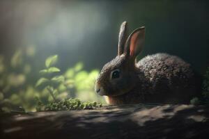 linda marrón liebre, lepus europeo, saltando cerca en césped en primavera naturaleza. joven marrón Conejo viniendo adelante en verde desierto. neural red ai generado foto