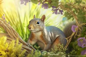 Art view on wild nature. Cute red squirrel. Neural network AI generated photo