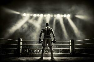 profesional Boxer luchando en el grandioso arena panorama vista. neural red ai generado foto